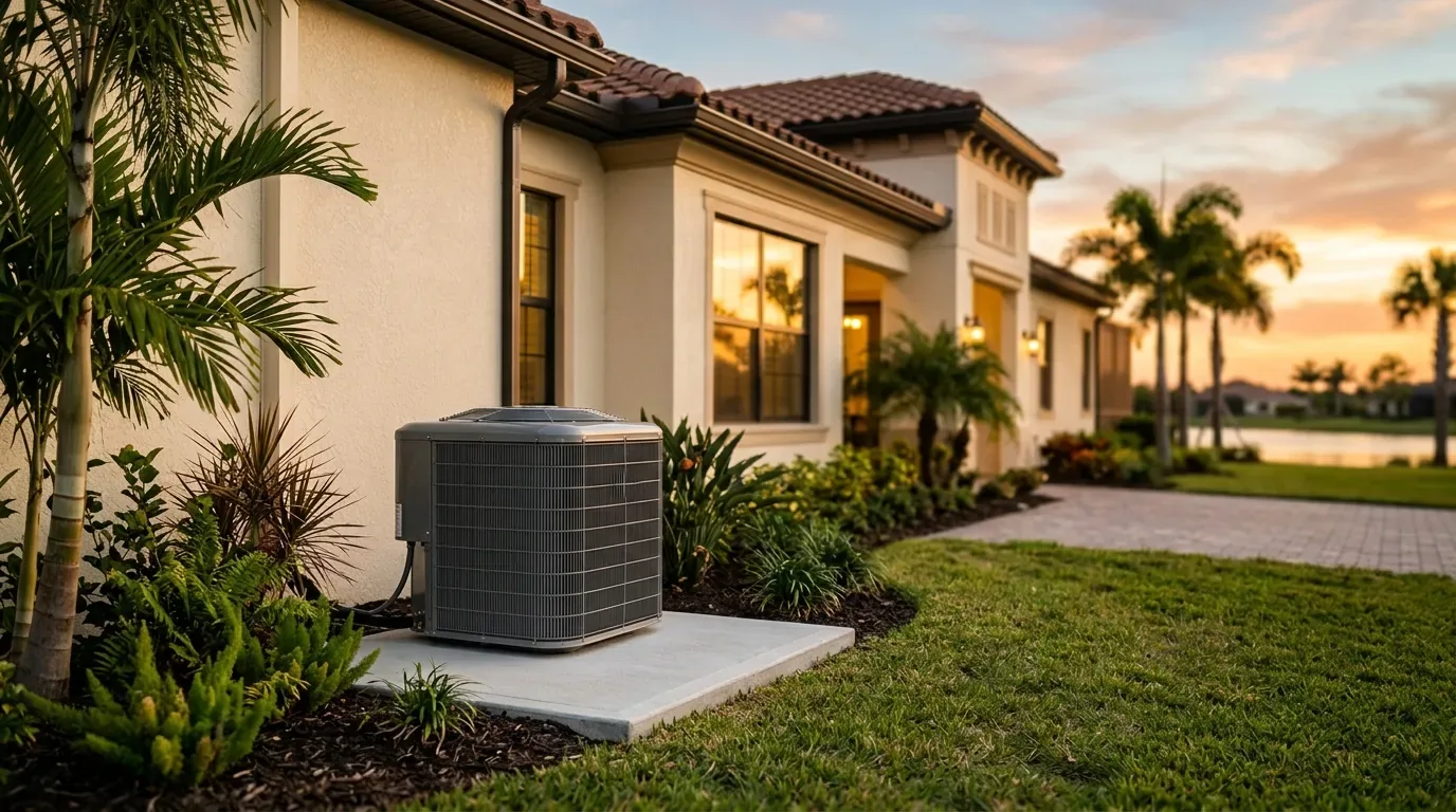 Outdoor AC condenser on a concrete pad beside a stucco home at sunset