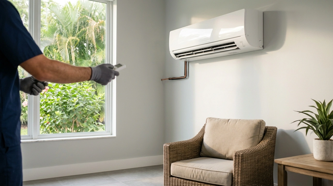 Ductless mini-split head and line-set serviced by an A/C Now technician