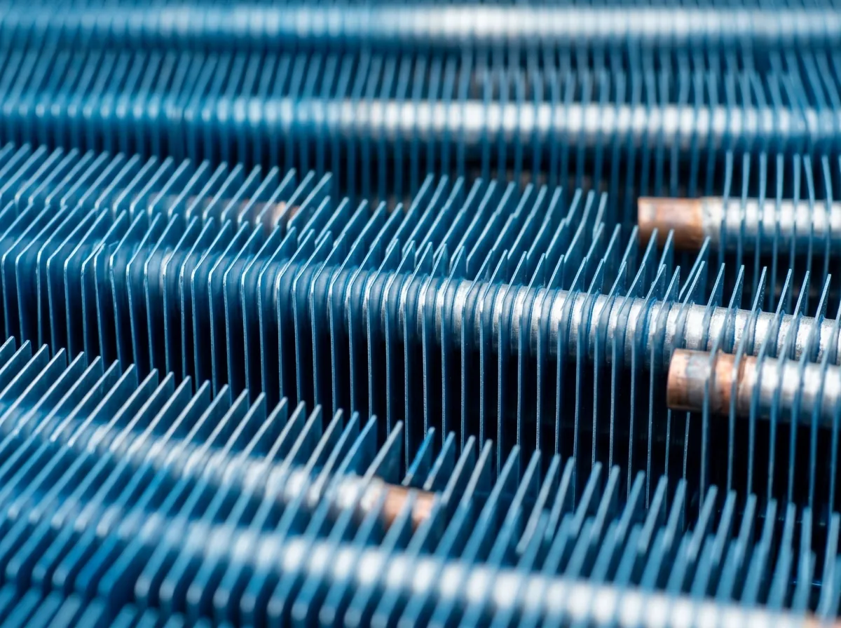 Close-up of blue-coated aluminum condenser coil fins and copper tubes
