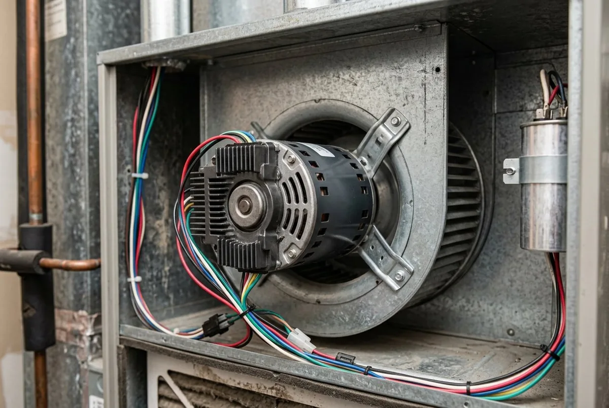 Blower motor and run capacitor inside an open air handler cabinet