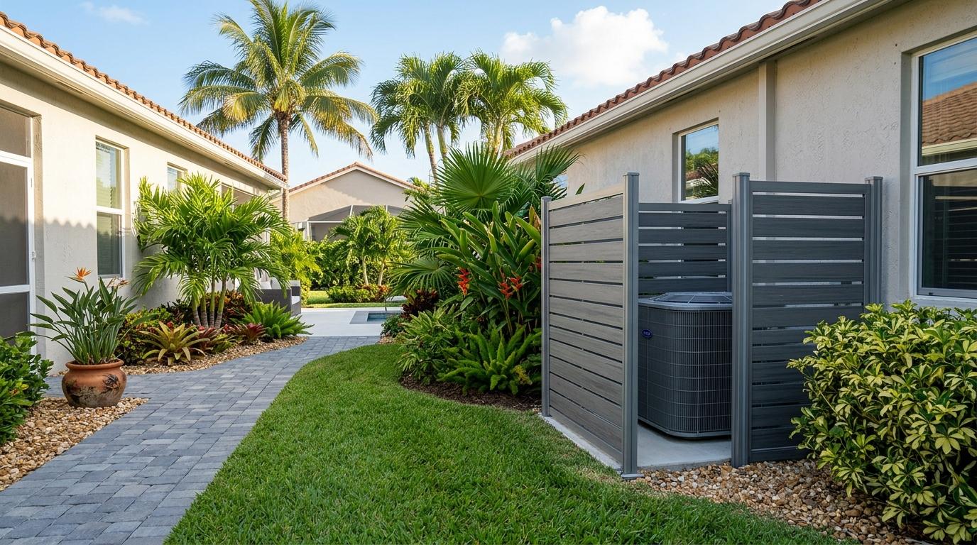 Neatly screened outdoor AC condenser with grey composite fencing and lush garden landscaping