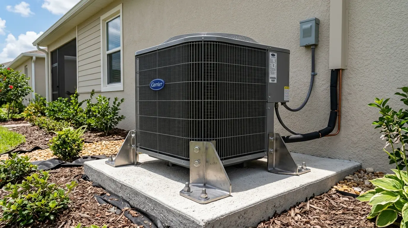 Storm-season hurricane tie-downs for outdoor AC units