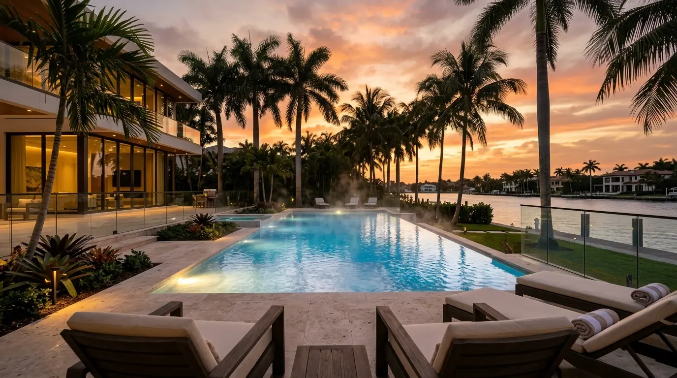 Water vapor rising from South Florida swimming pool at sunset